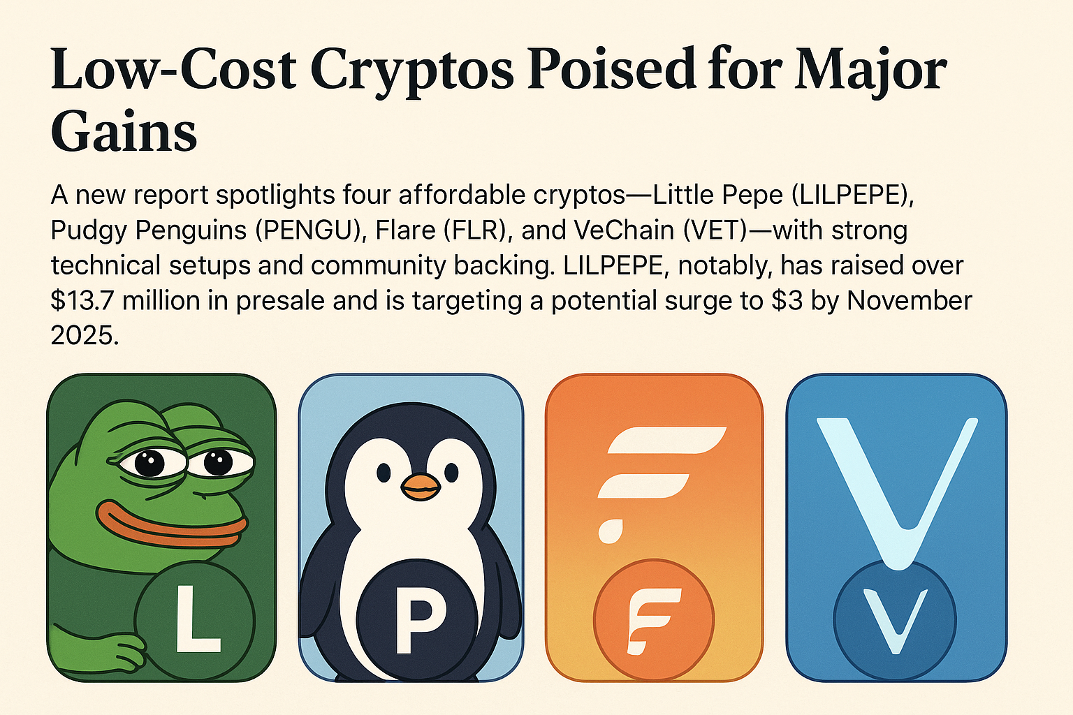 Low-Cost Cryptos Poised for Major Gains — Analysts Highlight LILPEPE, PENGU, FLR, and VET